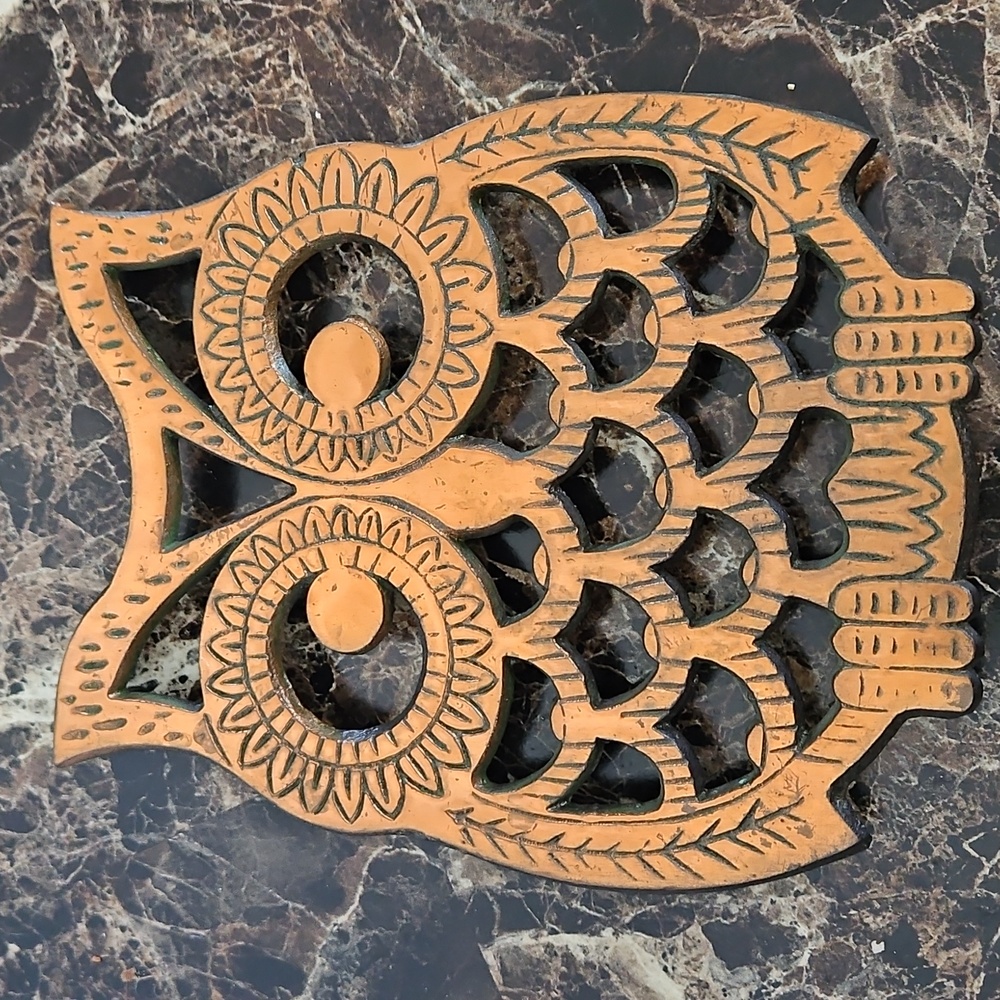Old Dutch Design Vintage 1980s Owl Trivet Or Wall Decor Copper Coat Cast Iron